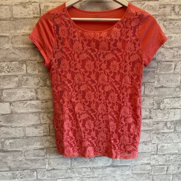 Loft Ann Taylor floral lace tee shirt women’s size large pink - Picture 1 of 5